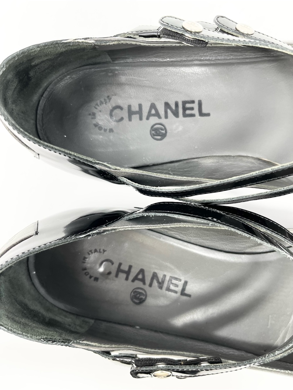 Chanel Mary Jane Janes Ballet Flats Black Gray Cap Toe Two Tone CC Logo 40 10 - Picture 8 of 12